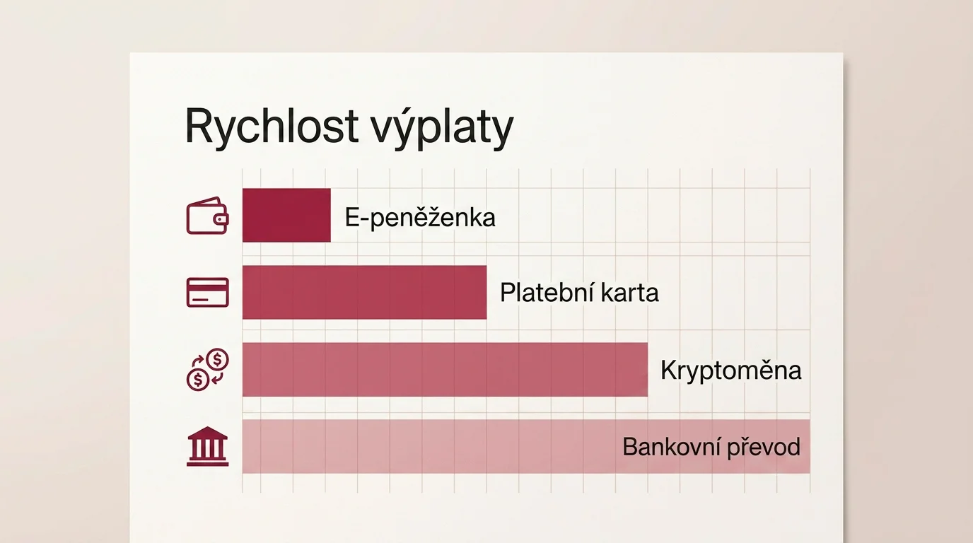 Srovnání průměrné rychlosti výplaty podle platební metody u licencovaných českých online casin v roce 2026